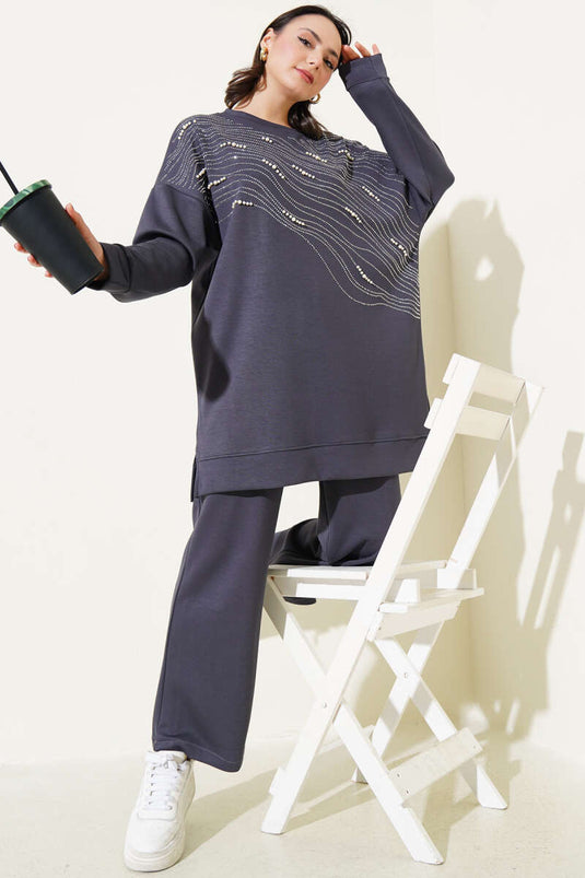 Loyşa Önü Taşlı İncili Tunik İkili Takım Füme