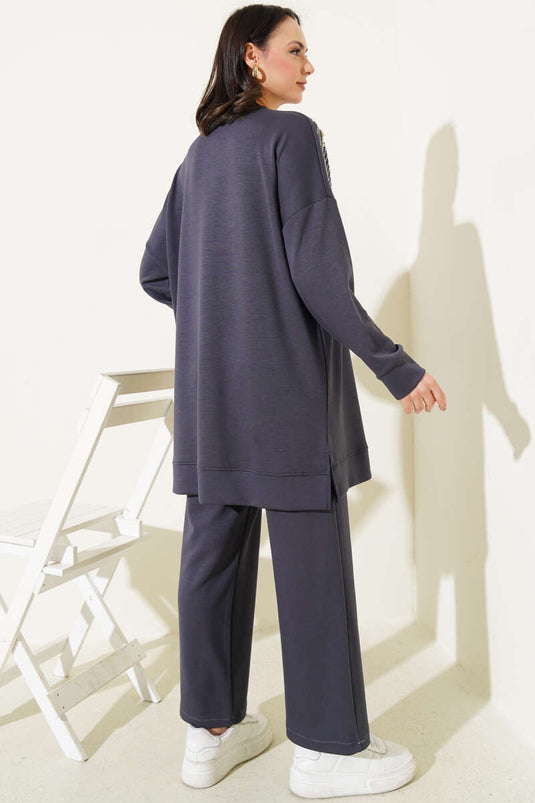 Loyşa Önü Taşlı İncili Tunik İkili Takım Füme