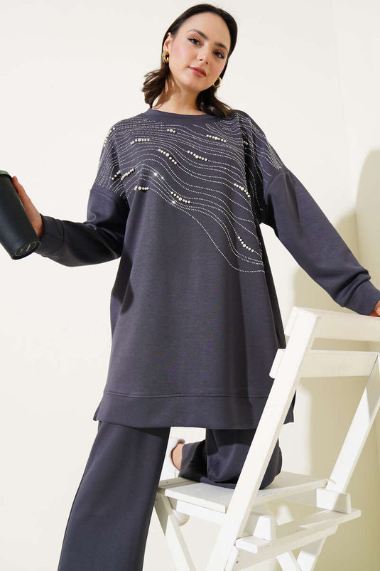Loyşa Önü Taşlı İncili Tunik İkili Takım Füme