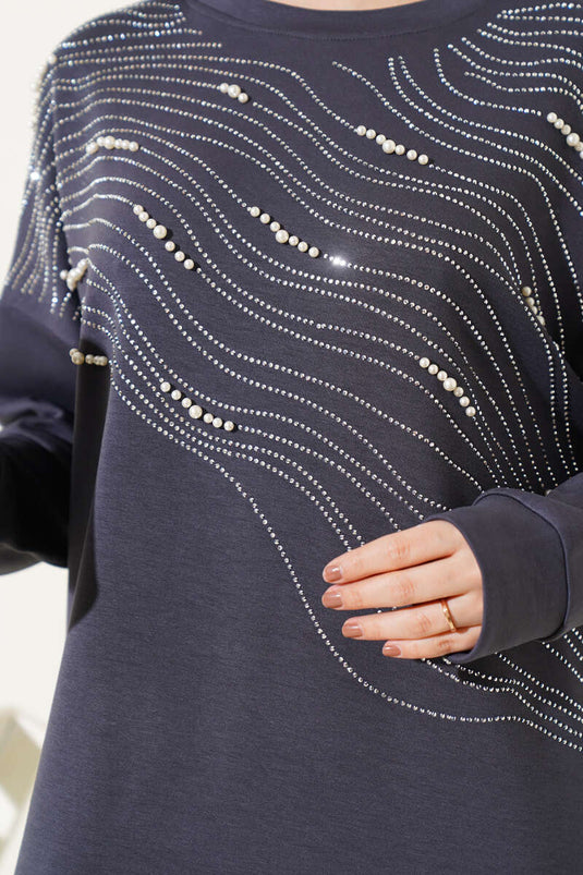 Loyşa Önü Taşlı İncili Tunik İkili Takım Füme