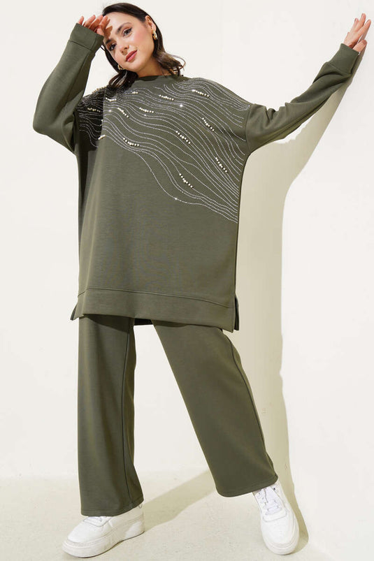 طقم تونيك لويشا الأمامي المرصع باللؤلؤ من قطعتين، كاكي