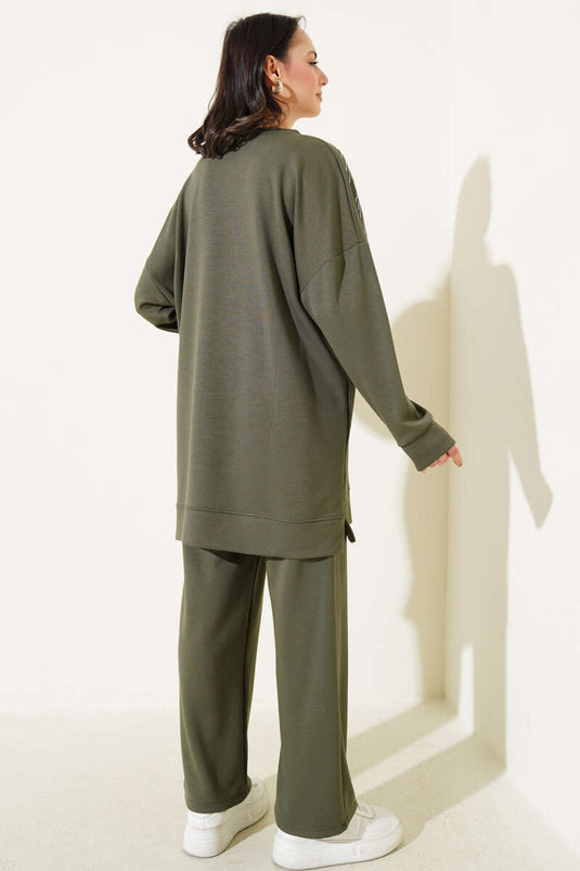 طقم تونيك لويشا الأمامي المرصع باللؤلؤ من قطعتين، كاكي