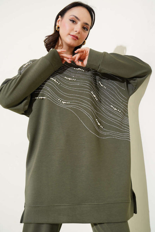 طقم تونيك لويشا الأمامي المرصع باللؤلؤ من قطعتين، كاكي