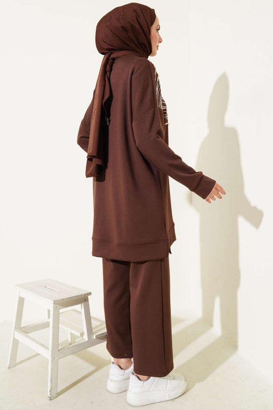 Loyşa Önü Taşlı İncili Tunik İkili Takım Kahve