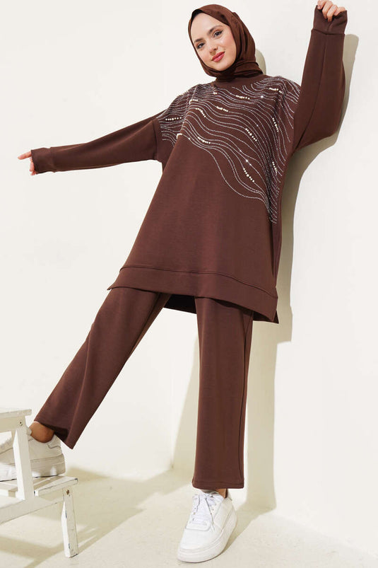 Loyşa Önü Taşlı İncili Tunik İkili Takım Kahve