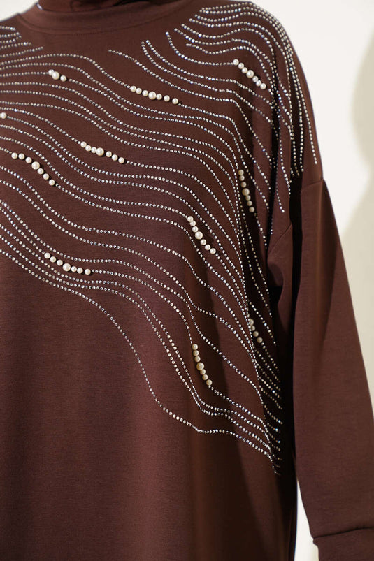 Loyşa Önü Taşlı İncili Tunik İkili Takım Kahve