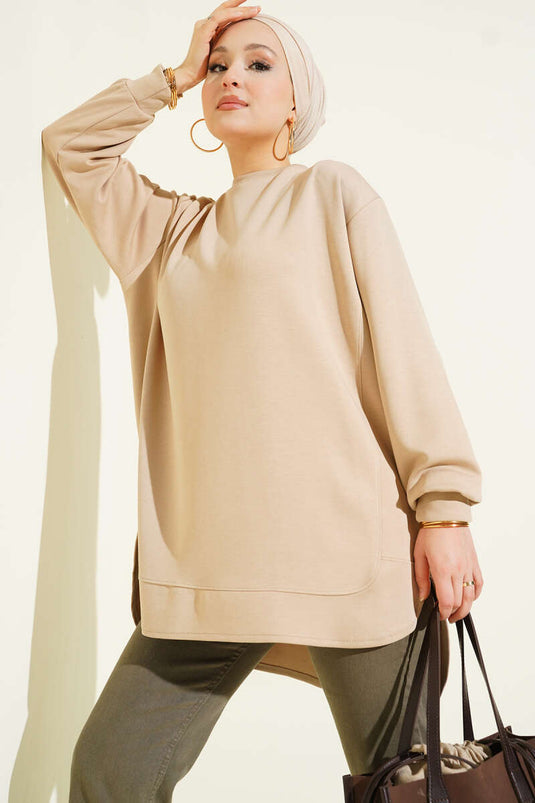 Loyşa Oval Kesim Oversize Tunik Bej