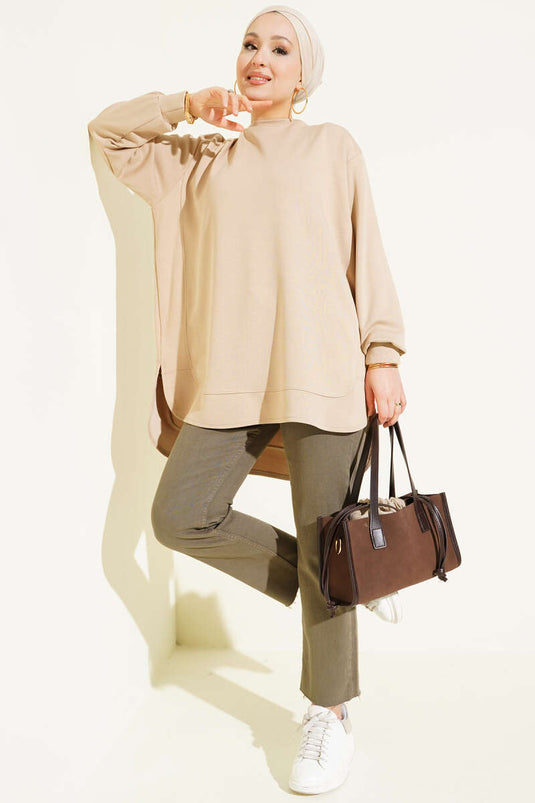 Loyşa Oval Kesim Oversize Tunik Bej