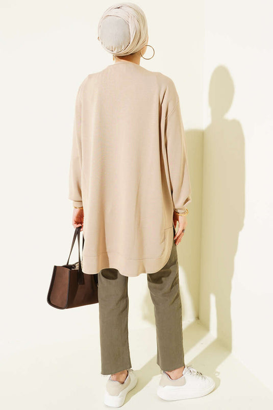 Loyşa Oval Kesim Oversize Tunik Bej