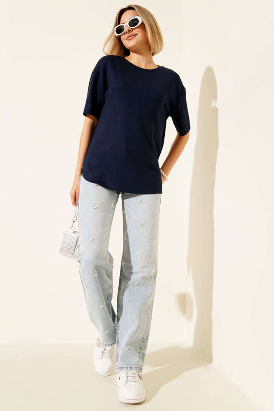 Loyşa Oval Kesim T-shirt Lacivert