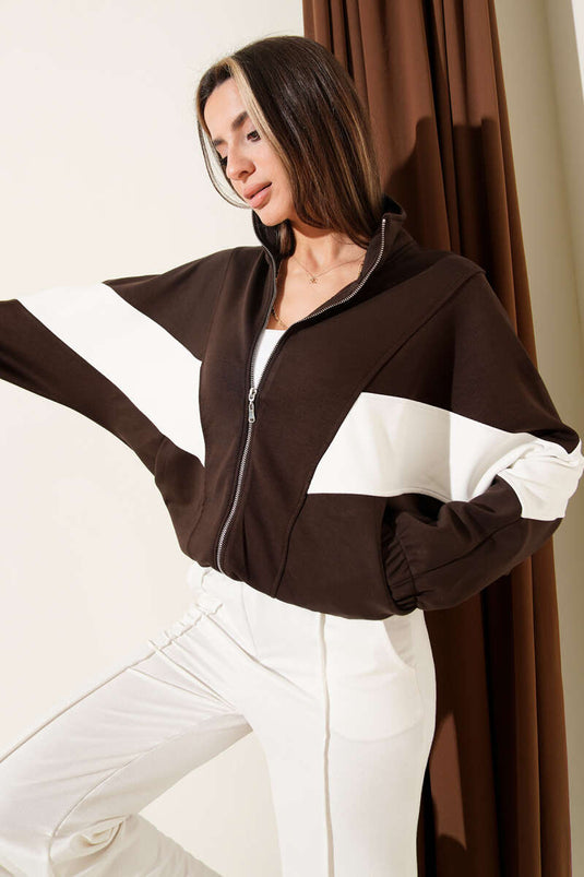 Loyşa Oversize Cardigan with Stripe Trim Brown