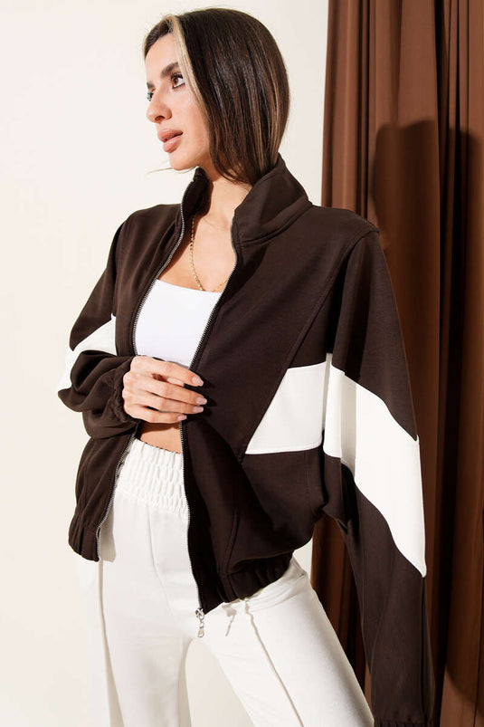Loyşa Oversize Cardigan with Stripe Trim Brown