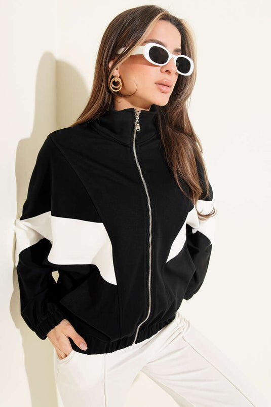 Loyşa Oversize Cardigan with Stripe Trim Black