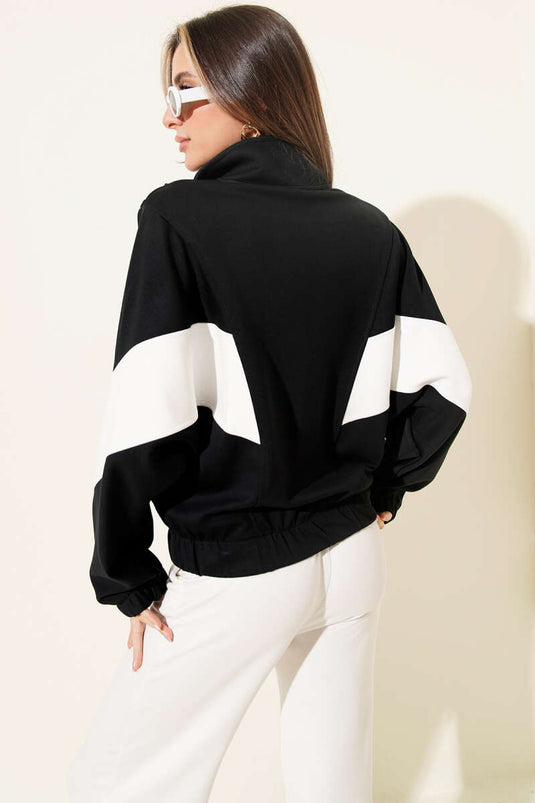 Loyşa Oversize Cardigan with Stripe Trim Black