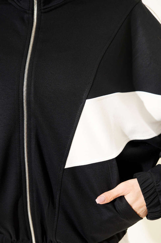 Loyşa Oversize Cardigan with Stripe Trim Black