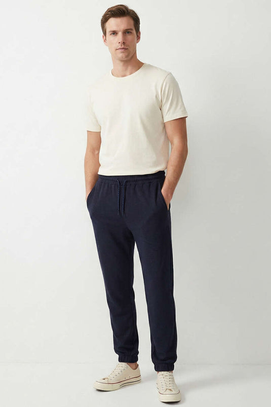 Loyşa Cuffed Elastic Waistband Men's Sweatpants Navy Blue