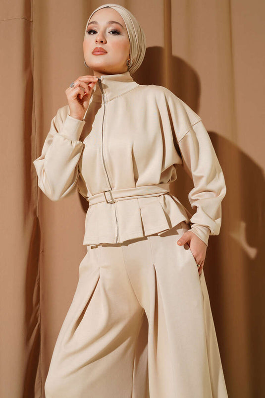 Loyşa Pincer Detailed Two-Piece Suit Beige