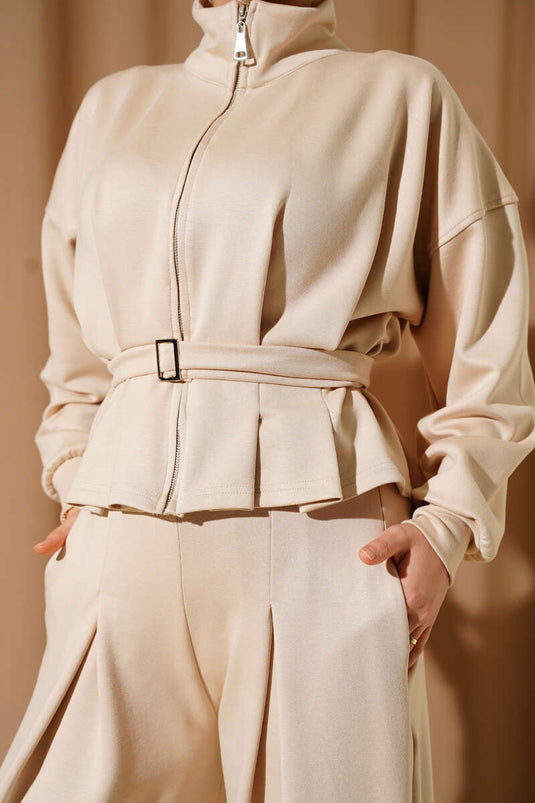 Loyşa Pincer Detailed Two-Piece Suit Beige
