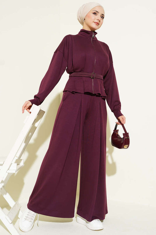 Loyşa Dart Detailed Two-Piece Suit Burgundy