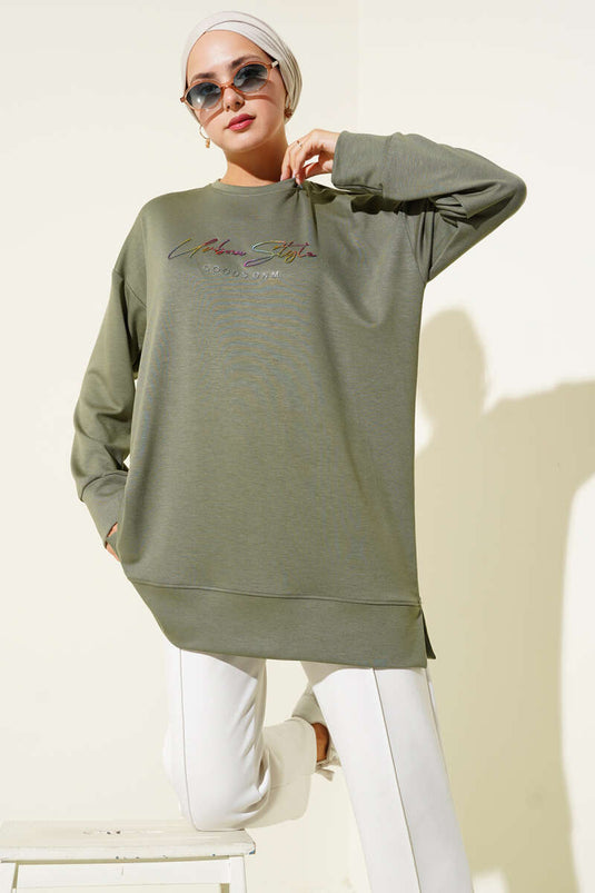 Loyşa Renkli Yazılı Tunik Haki