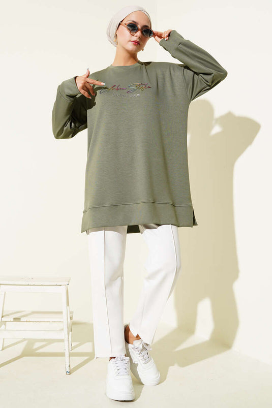 Loyşa Renkli Yazılı Tunik Haki