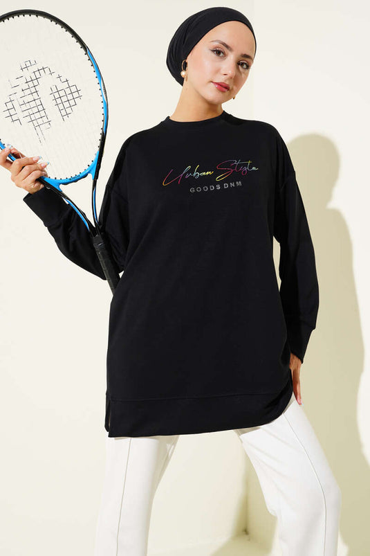 Loyşa Renkli Yazılı Tunik Siyah