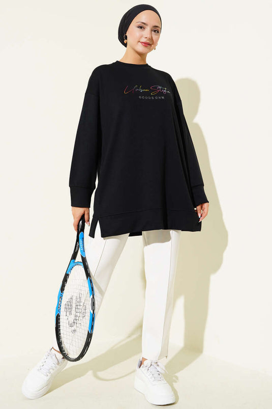 Loyşa Renkli Yazılı Tunik Siyah