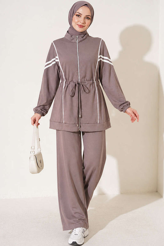 Loyşa Şerit Detaylı Fermuarlı İkili Takım Vizon