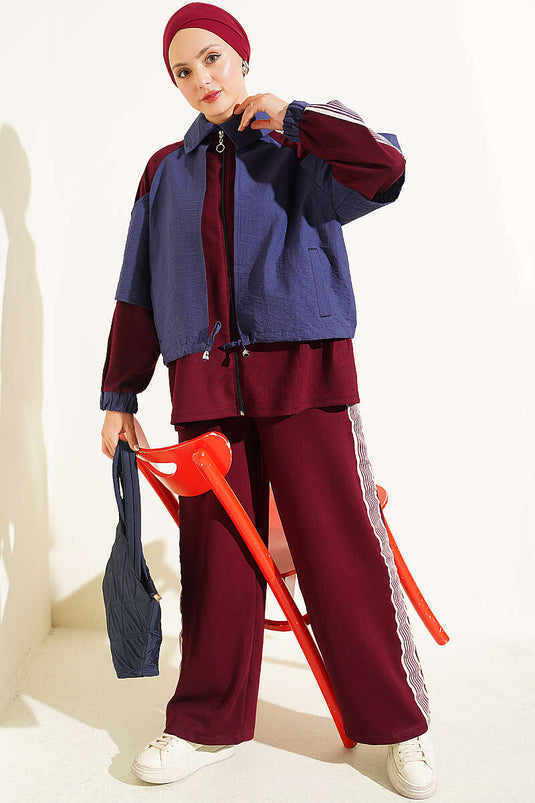 Burgundy Belted Two-Piece Set With Stripe Details