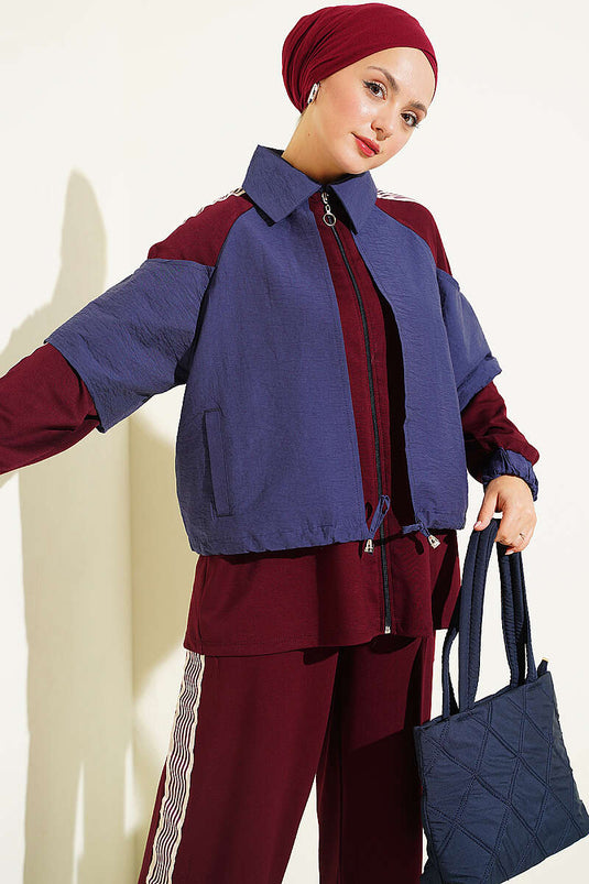 Burgundy Belted Two-Piece Set With Stripe Details