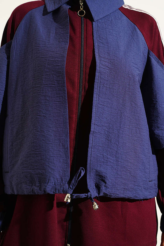 Burgundy Belted Two-Piece Set With Stripe Details