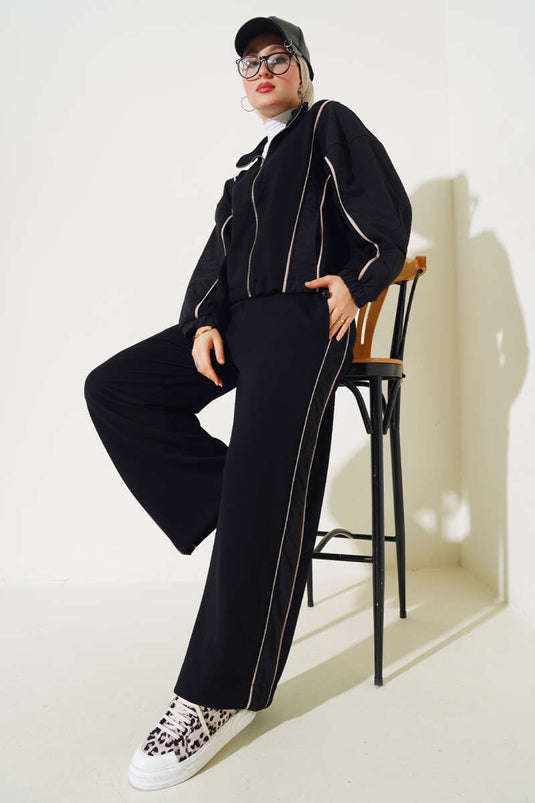 Loyşa Şeritli Garnili Hırka İkili Takım Siyah