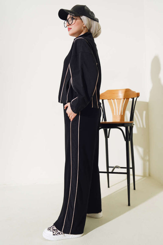 Loyşa Şeritli Garnili Hırka İkili Takım Siyah