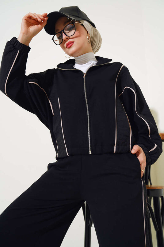 Loyşa Şeritli Garnili Hırka İkili Takım Siyah