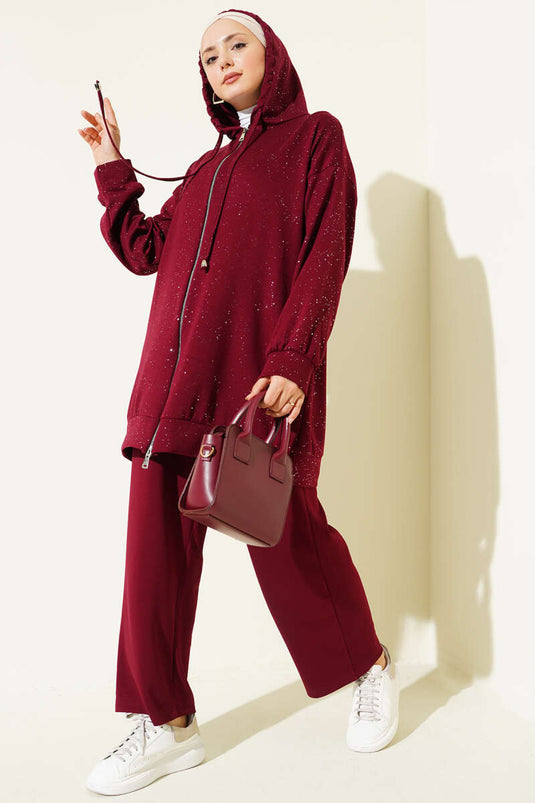 Ensemble double à capuche avec détails en maille Loyşa Bordeaux