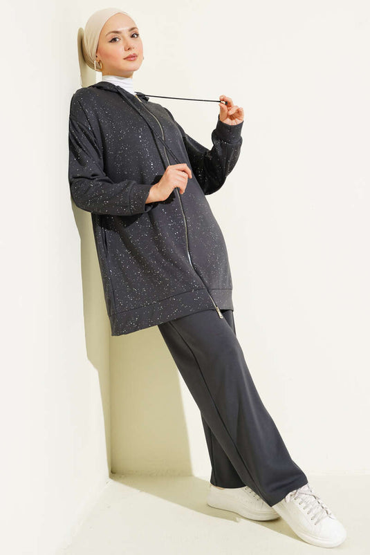 Loyşa Sim Detaylı Kapüşonlu İkili Takım Füme