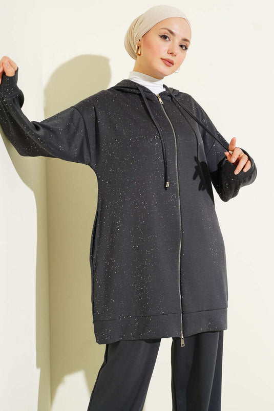 Loyşa Sim Detaylı Kapüşonlu İkili Takım Füme