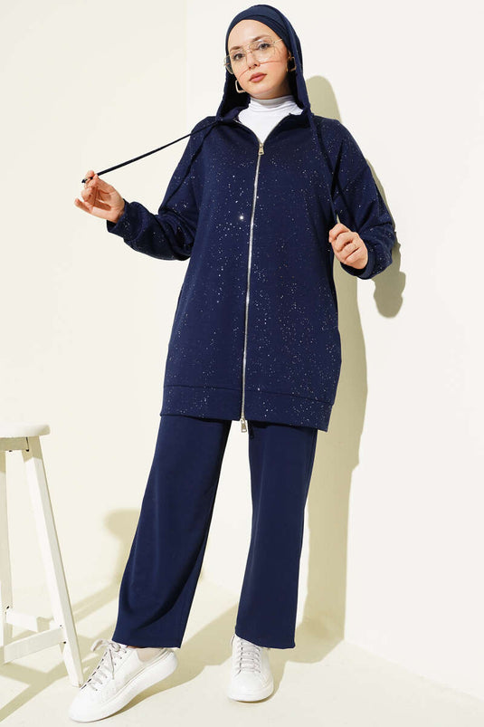 Loyşa Sim Detaylı Kapüşonlu İkili Takım Lacivert