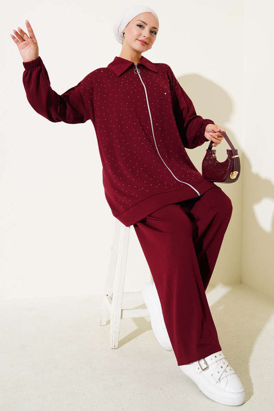 Loysa Stone Embellished Zippered Two-Piece Set, Burgundy