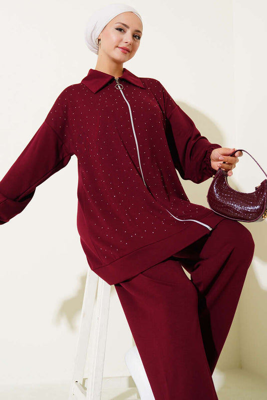 Loysa Stone Embellished Zippered Two-Piece Set, Burgundy