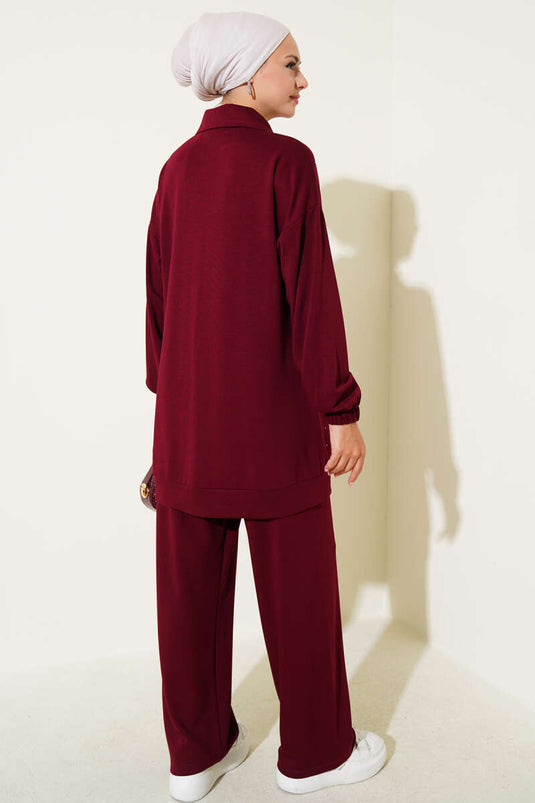 Loysa Stone Embellished Zippered Two-Piece Set, Burgundy