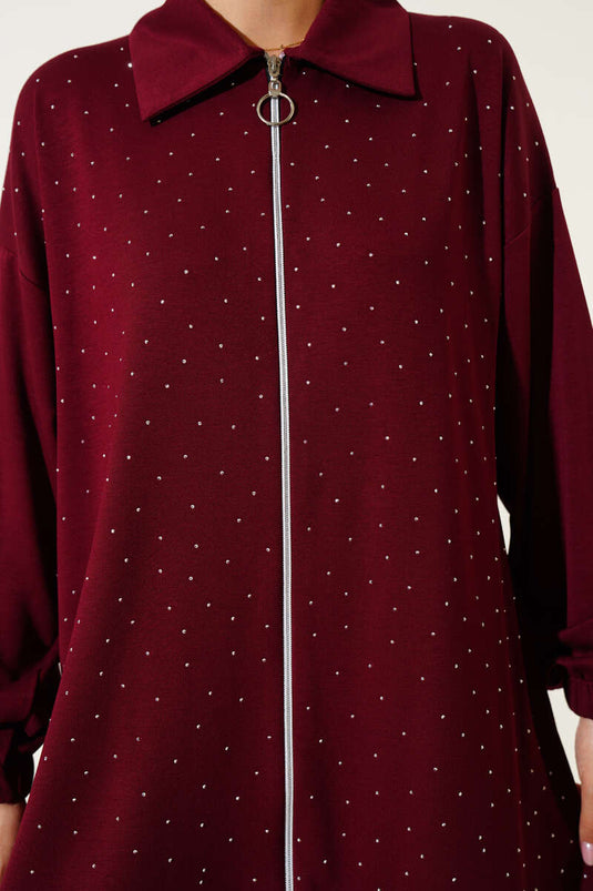 Loysa Stone Embellished Zippered Two-Piece Set, Burgundy