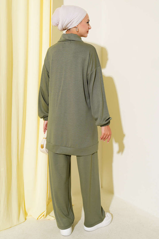 Loyşa Taş Süslemeli Fermuarlı İkili Takım Çağla Yeşili