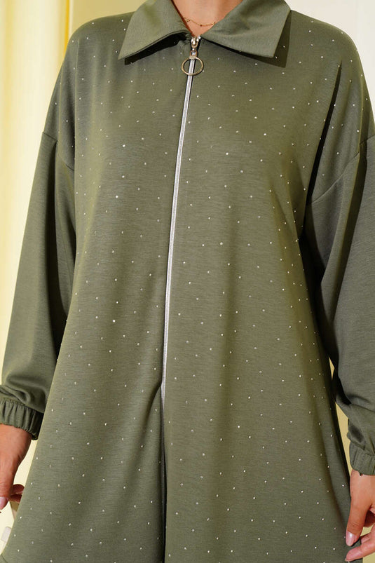 Loyşa Taş Süslemeli Fermuarlı İkili Takım Çağla Yeşili