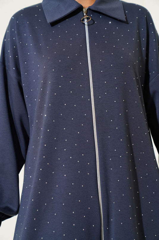 بدلة لويزا من قطعتين مزينة بالأحجار بسحاب لون دخاني