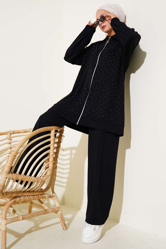 Loyşa Stone Embellished Zippered Two Piece Suit Black