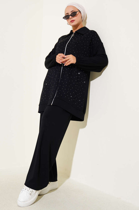 Loyşa Stone Embellished Zippered Two Piece Suit Black