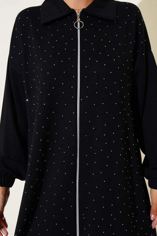 Loyşa Stone Embellished Zippered Two Piece Suit Black