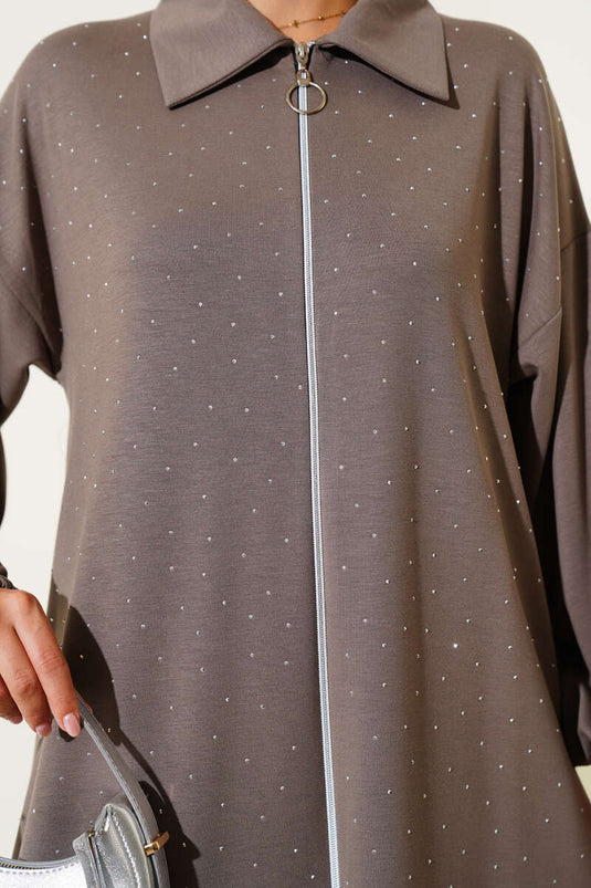 Costume deux pièces zippé orné de pierres Loyşa, couleur vison