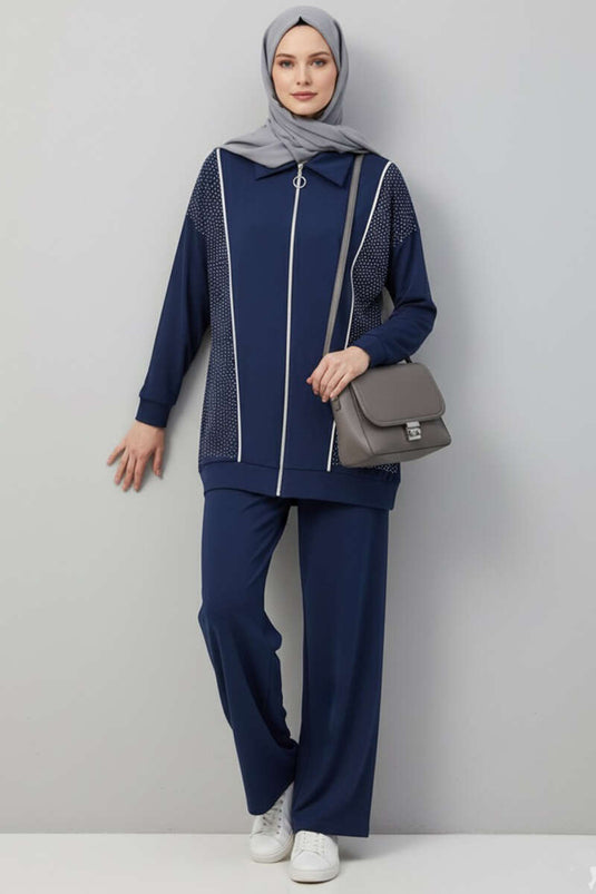 بدلة لويزا ستونيد بسحاب من قطعتين باللون الأزرق الداكن